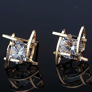 Gold Caged Zircon 3D Stud Geometric Earrings